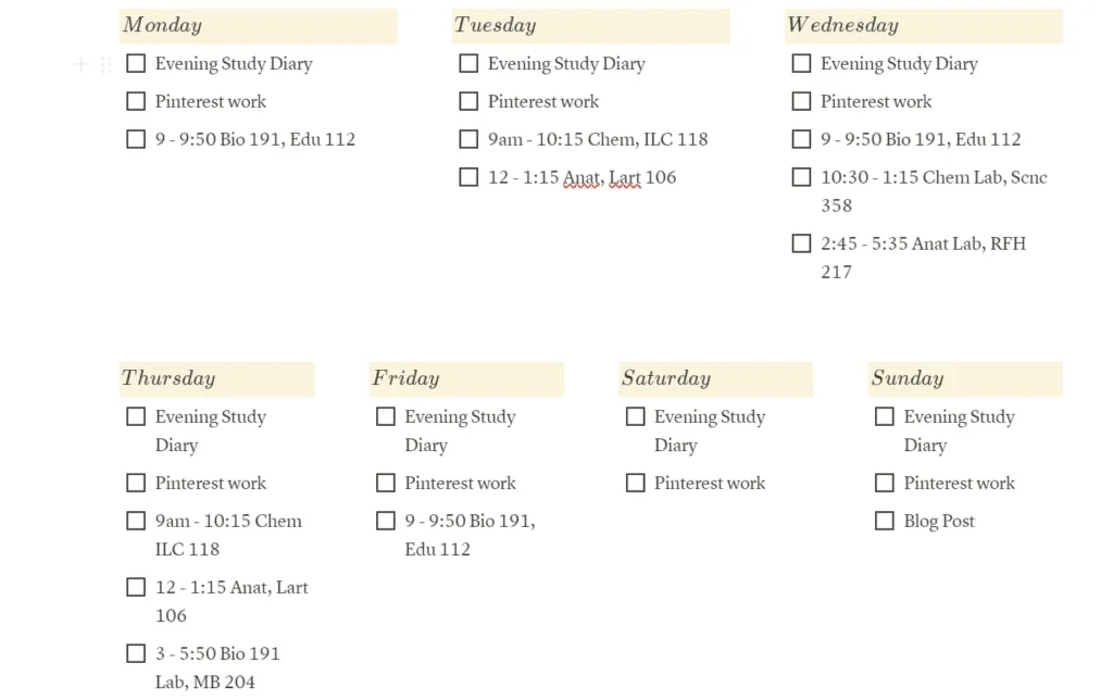 This image is of a weekly schedule template made in Notion. This is a day by day schedule with checkboxes for each task.