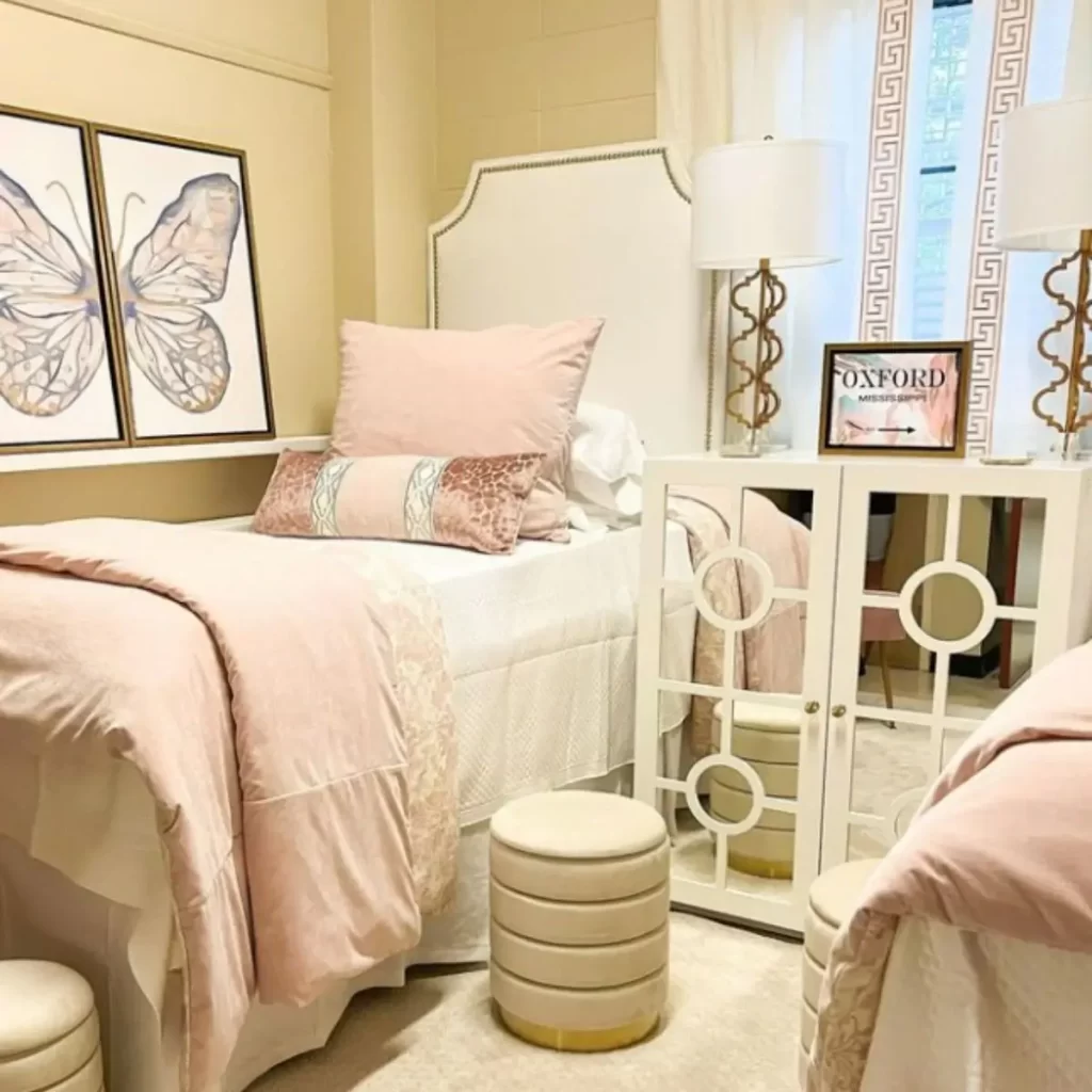 this photo is of a dorm room decorated with a nightstand 