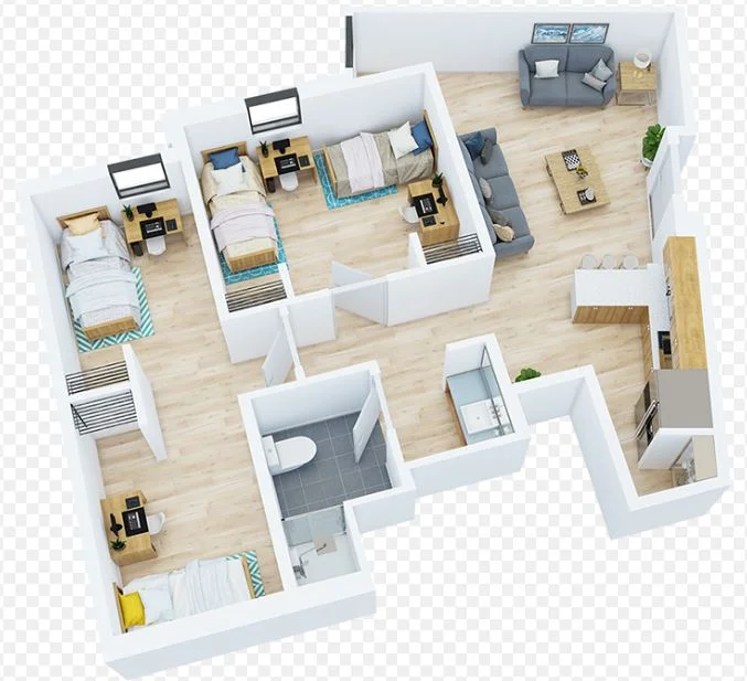This photo if of a dorm room layout with four beds and a living area
