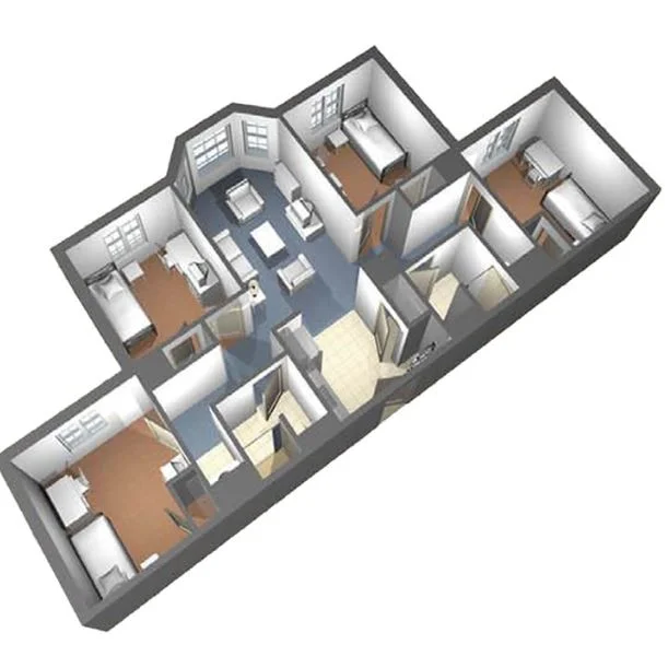 This photo is of four private bedrooms and a shared living and bathroom area.