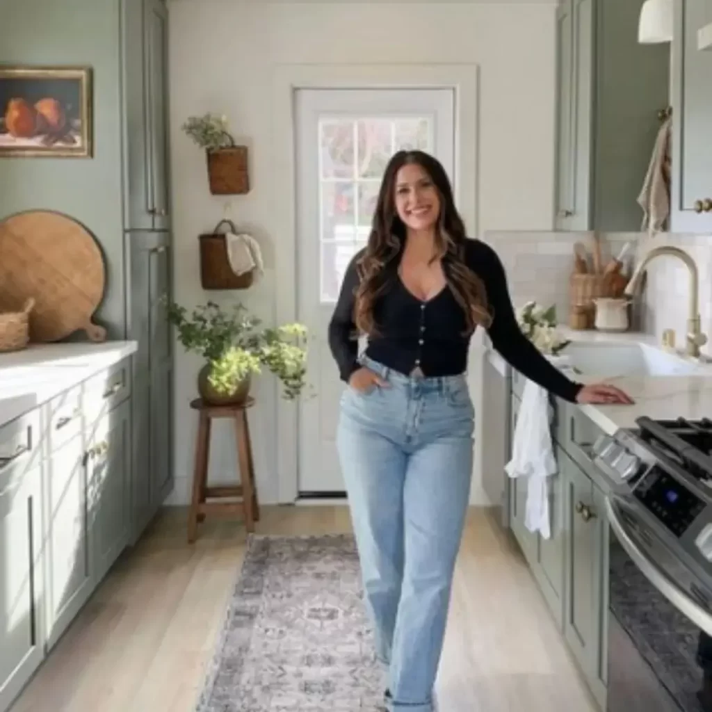 This image is of a woman smiling in a renovated kitchen, perfect for hosting friends for the weekend.