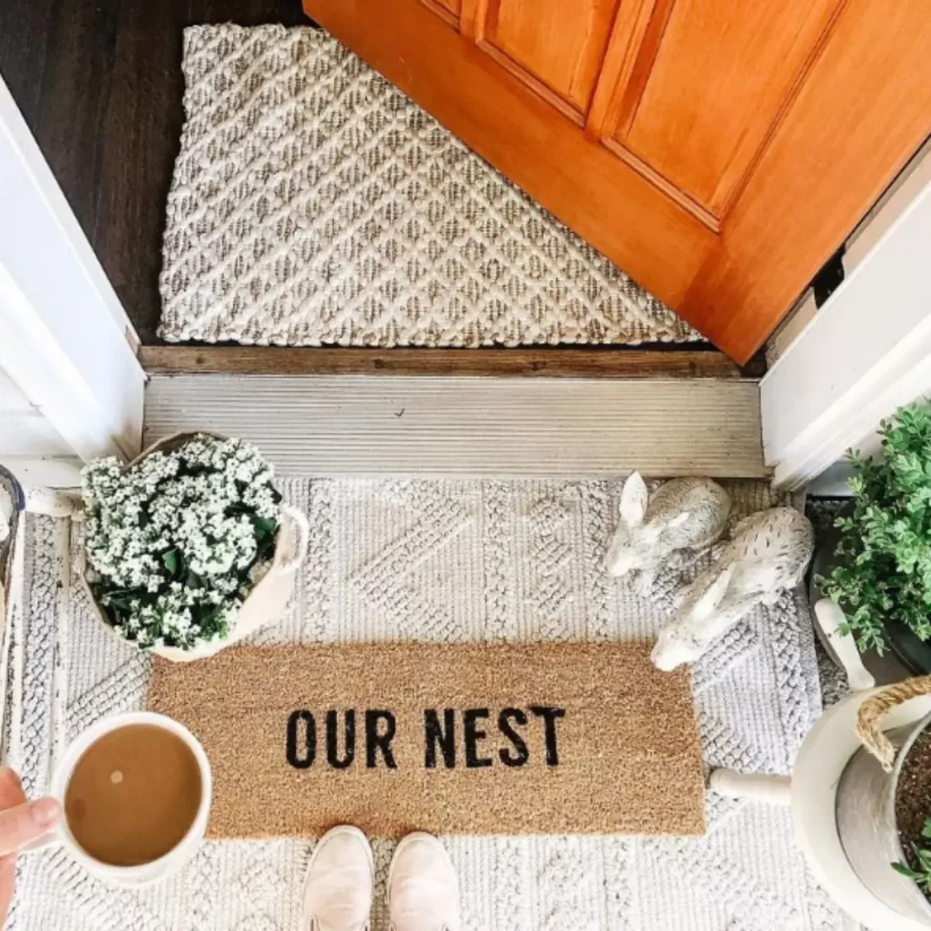 Photo of a doormat and decor outside of an apartment